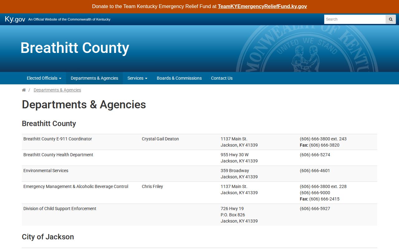 Breathitt County departments directory listing Jackson Police