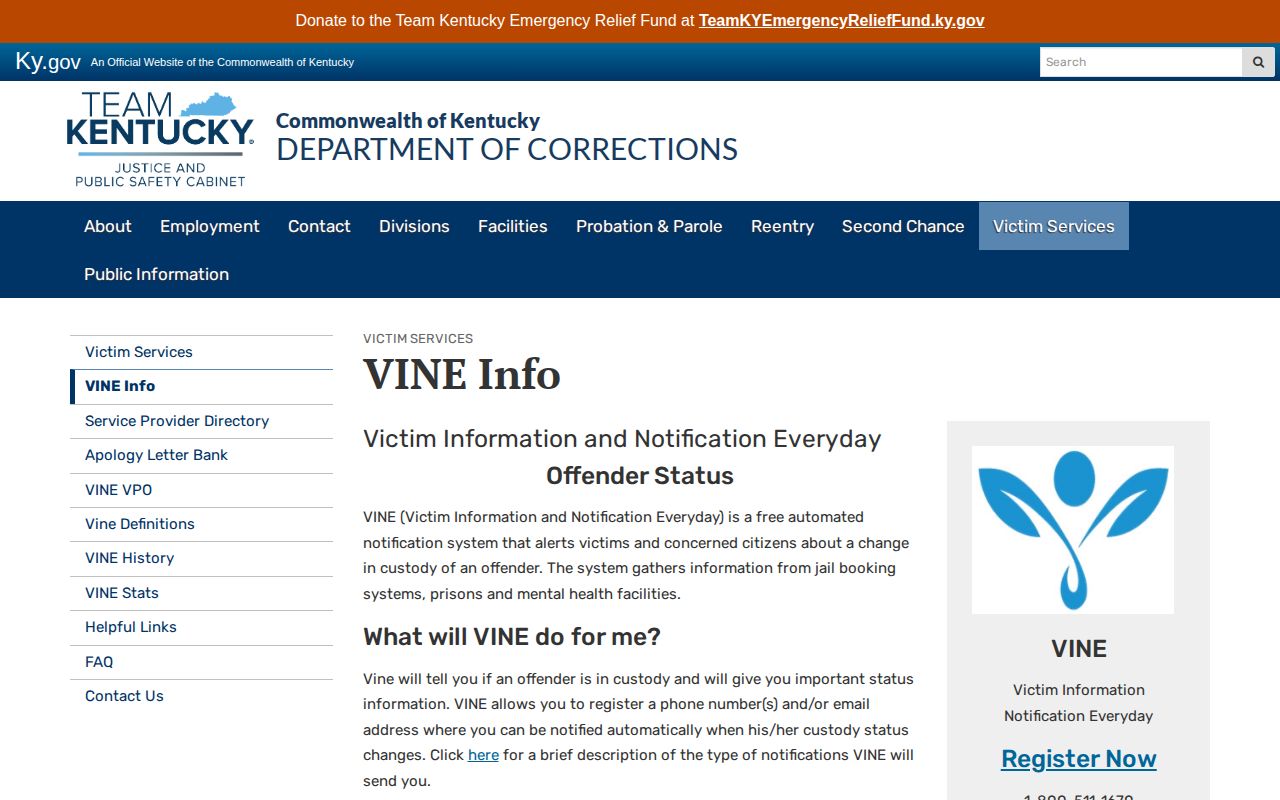 Kentucky Department of Corrections VINE information page