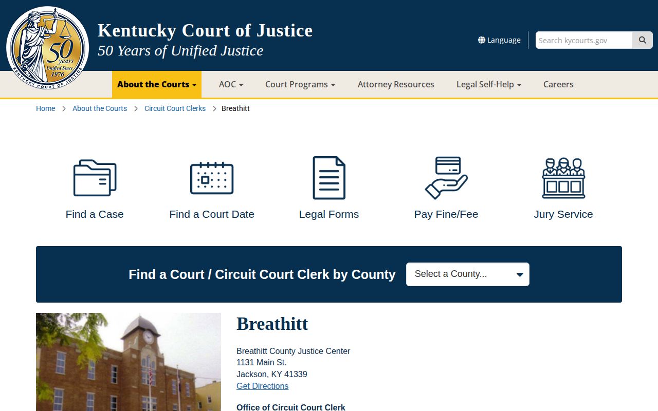 Breathitt County Court of Justice page for arrest case dispositions
