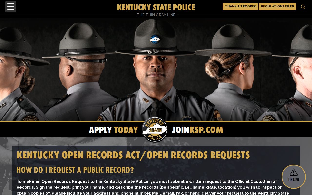 Kentucky State Police open records instructions for a Breathitt County arrest record request
